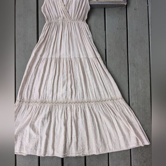 Elena Baldi Beige Linen Embroidered V-Neck Tiered Sleeveless Midi Dress Size M - Picture 3 of 7